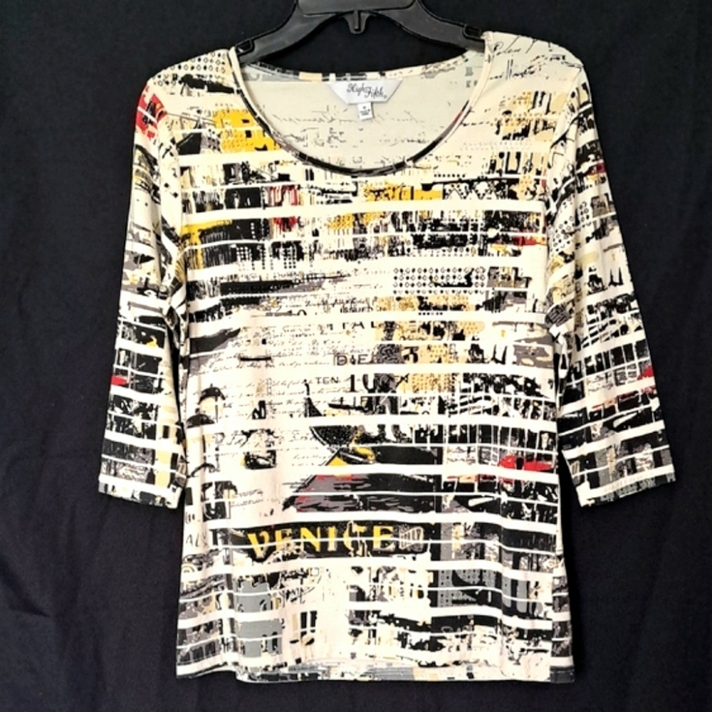 3/4 Sleeve Top Cotton Knit Venice Graphic Scoop Neck Women's